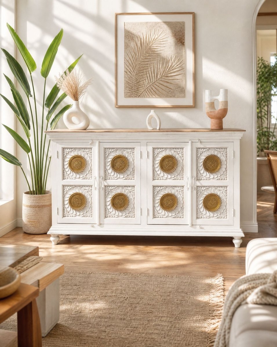 Zyara 4 Door Carved Wooden Sideboard - Art and craft furniture